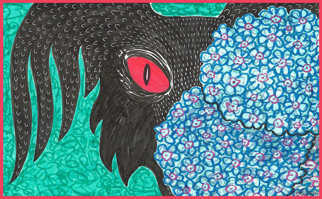 dog & hydrangea (2024) Made with mildliner markers, micron pen, and white gel pen.