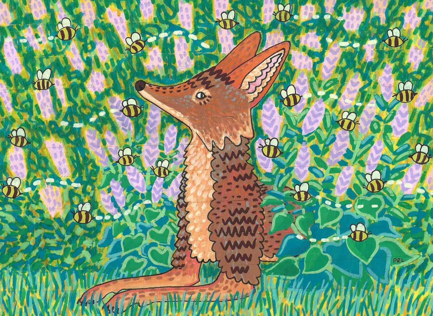 coyote, bees, and anise hyssop (2026) Made with artist tape, acrylic paint markers, mildliner markers, white gel pen, and fountain pen.