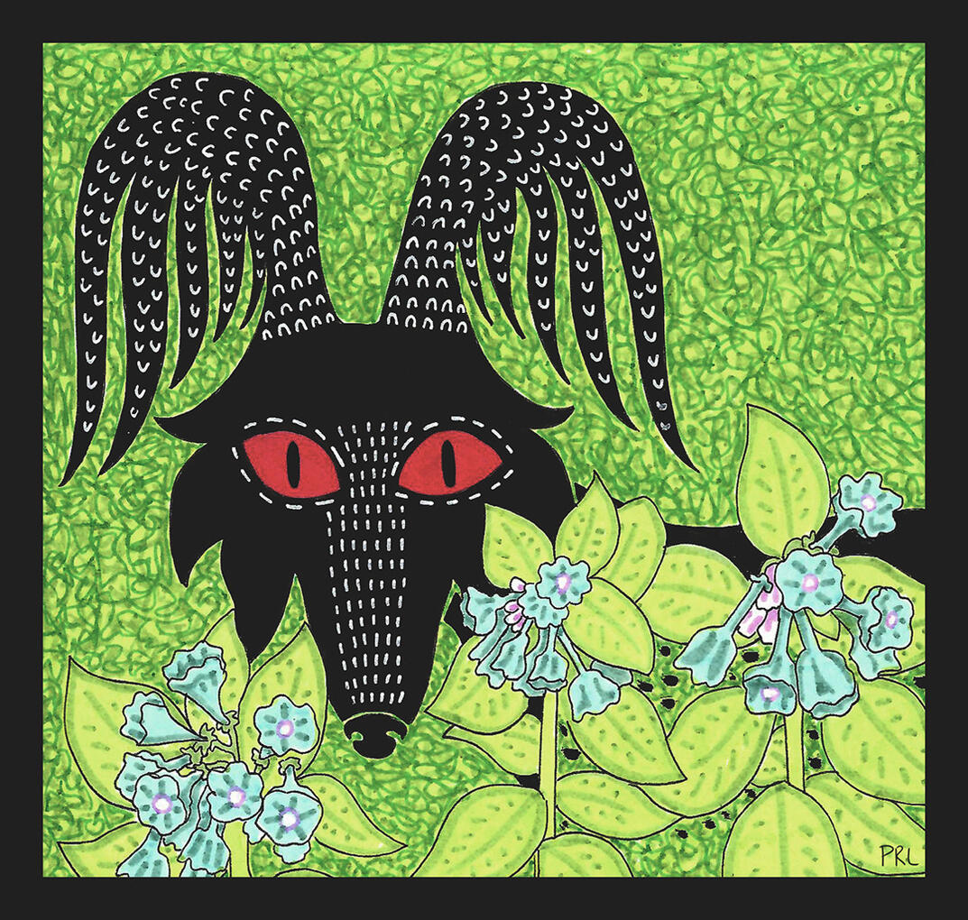 dog & virginia bluebells (2024) Made with mildliner markers, micron pen, and white gel pen.