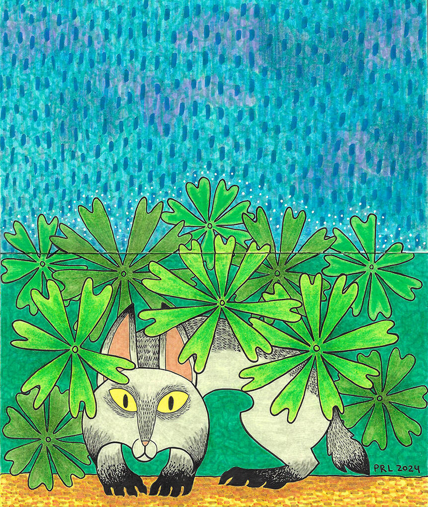 mayapples & rain (2024) Made with colored pencil, mildliner markers, micron gen, and white gel pen.