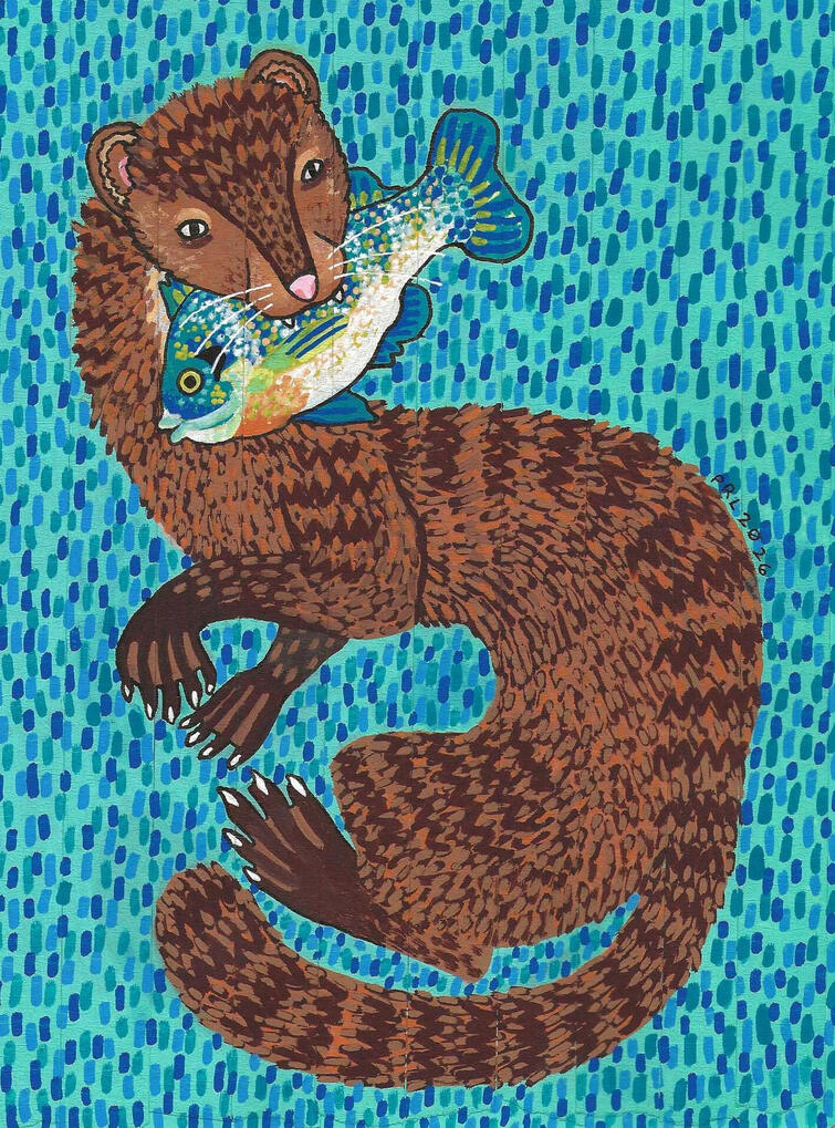 mink & bluegill (2026) Made with artist tape, acrylic paint markers, white gel pen, and fountain pen.