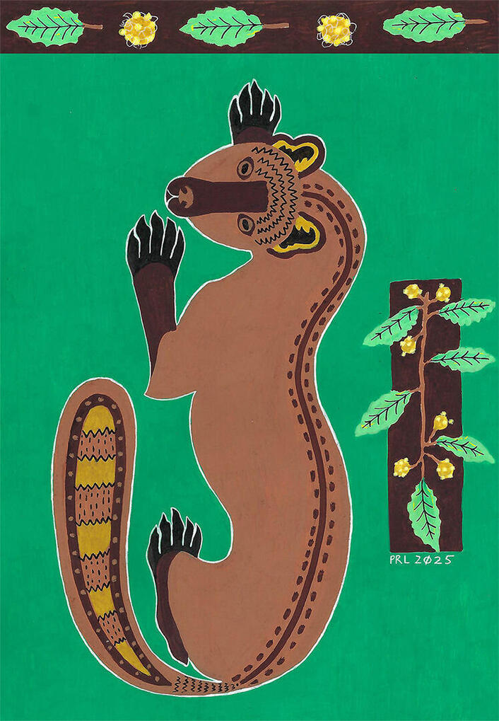 fisher cat & beech tree branch (2025) Made with acrylic paint markers, micron pen, and white gel pen.