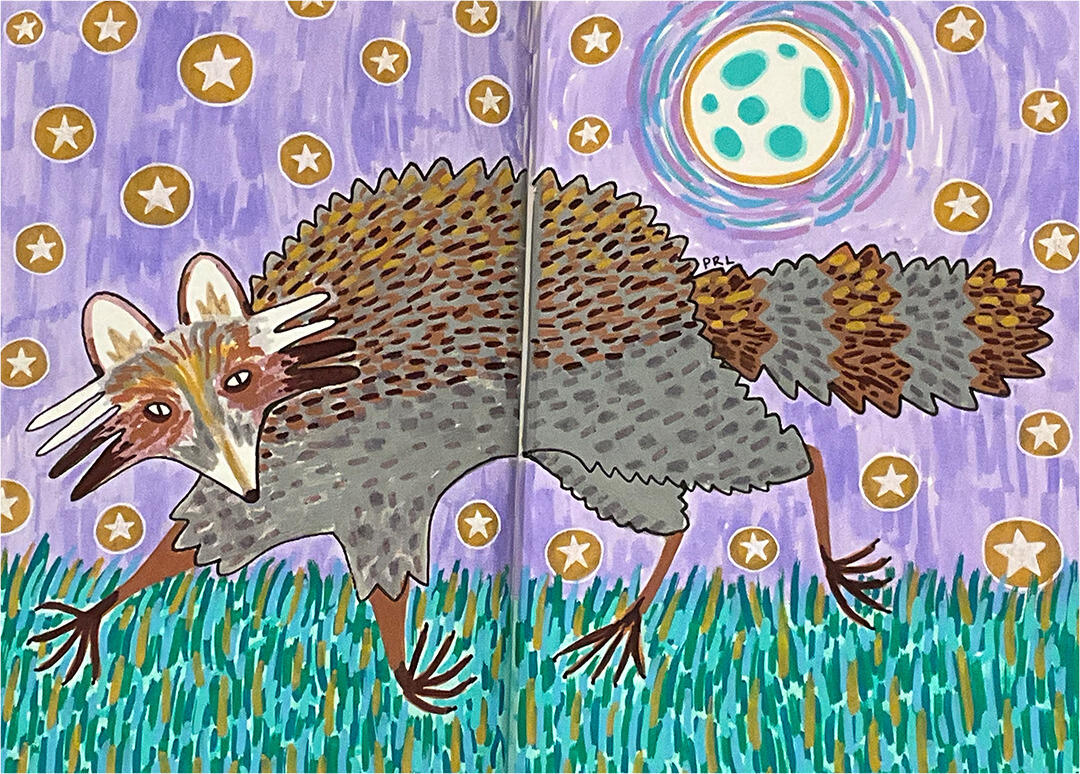 raccoon & moon (2025) Made with acrylic paint markers, brush markers, mildliner markers, white gel pen, and fountain pen.