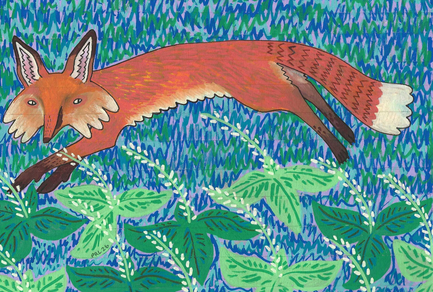 red fox & jumpseed (2026) Made with artist tape, acrylic paint markers, fountain pen, and graphite pencil.