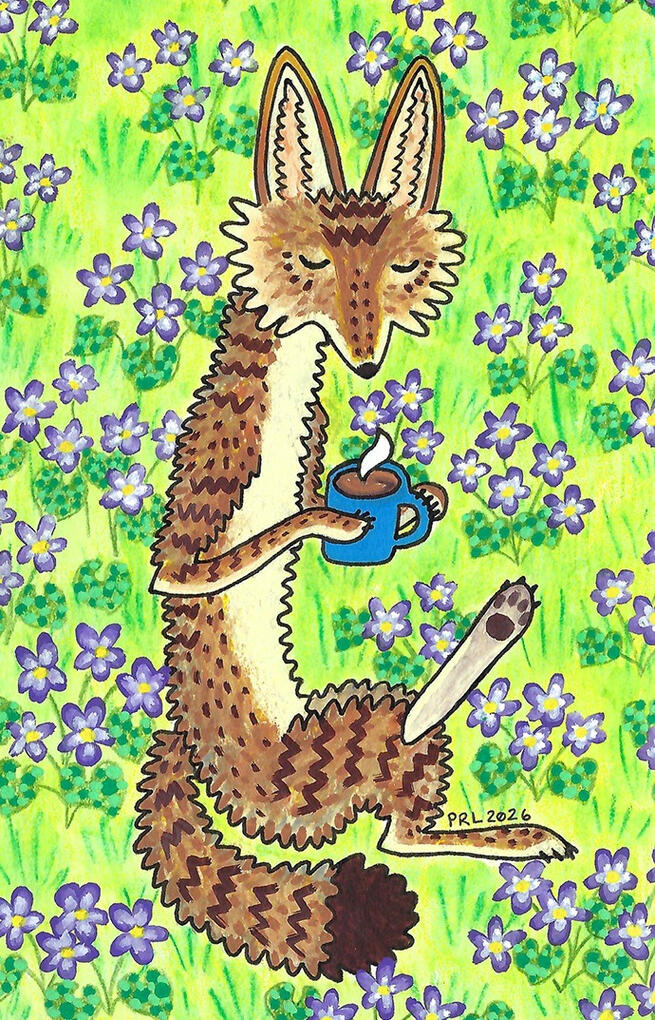 coyo-tea & violets (2026) Made with mildliner markers, watercolor pencil, acrylic paint markers, and fountain pen.