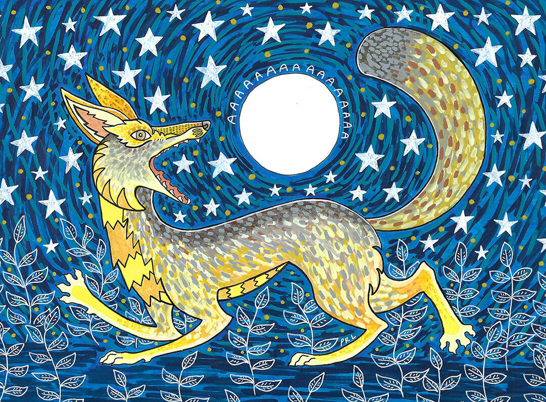 coyote screaming @ moon (2024) Made with acrylic paint markers, mildliner markers, micron pen, and white gel pen.