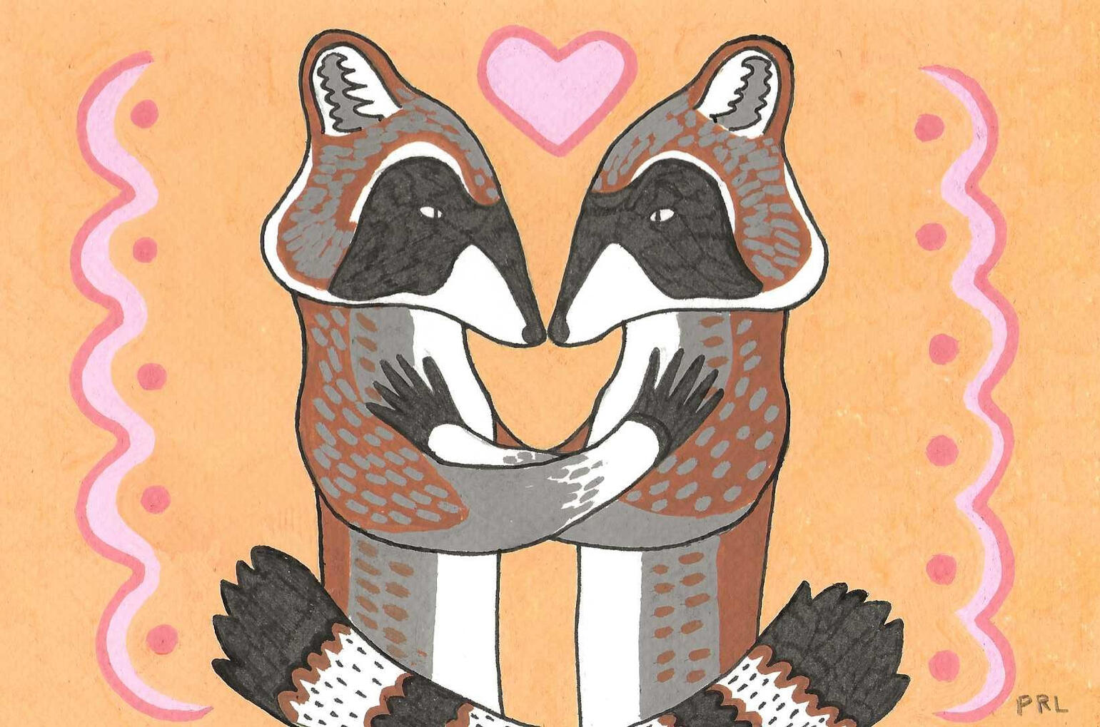 raccoon lovers (2026) Made with graphite pencil, tracing paper, acrylic paint markers, fountain pen, and white gel pen.
