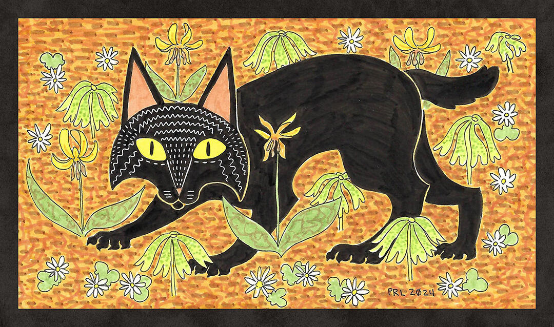 cat & yellow trout lily (2024) Made with mildliner markers, micron pen, and white gel pen.