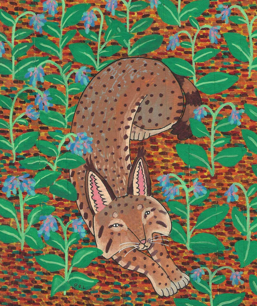bobcat & Virginia bluebells (2026) Made with artist tape, acrylic paint markers, mildliner markers, fountain pen, and white gel pen.
