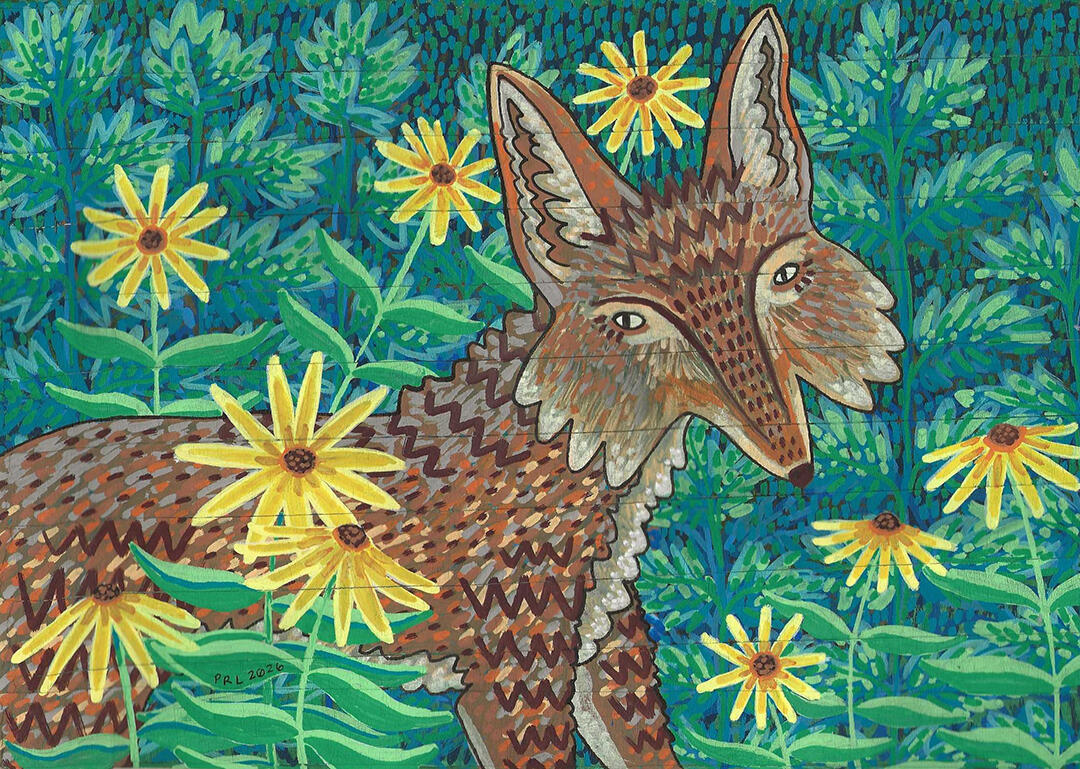coyote & yellow coneflowers (2026) Made with artist tape, acrylic paint markers, fountain pen, and white gel pen.