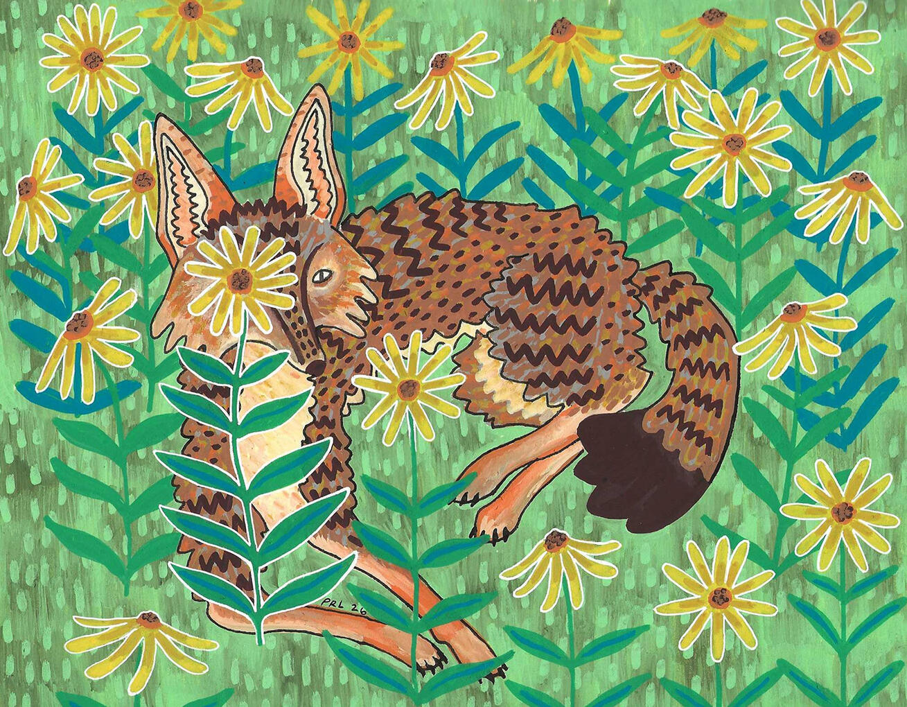 black-eyed Susan coyote (2026) Made with acrylic paint markers, fountain pen, and white gel pen.