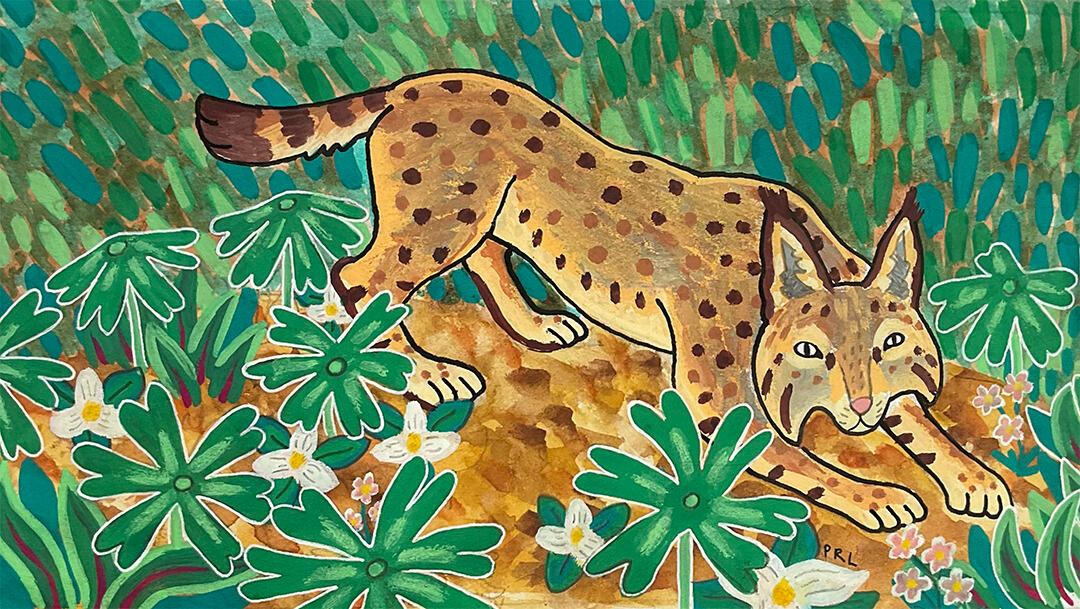 bobcat spring (2026) Made with watercolor paint, acrylic paint markers, graphite pencil, mildliner markers, fountain pen, micron pen, and white gel pen.