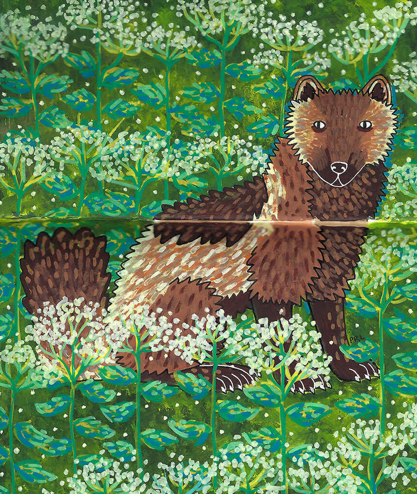 wolverine & white snakeroot (2025) Made with acrylic paint markers, gouache, white gel pen, and fountain pen.